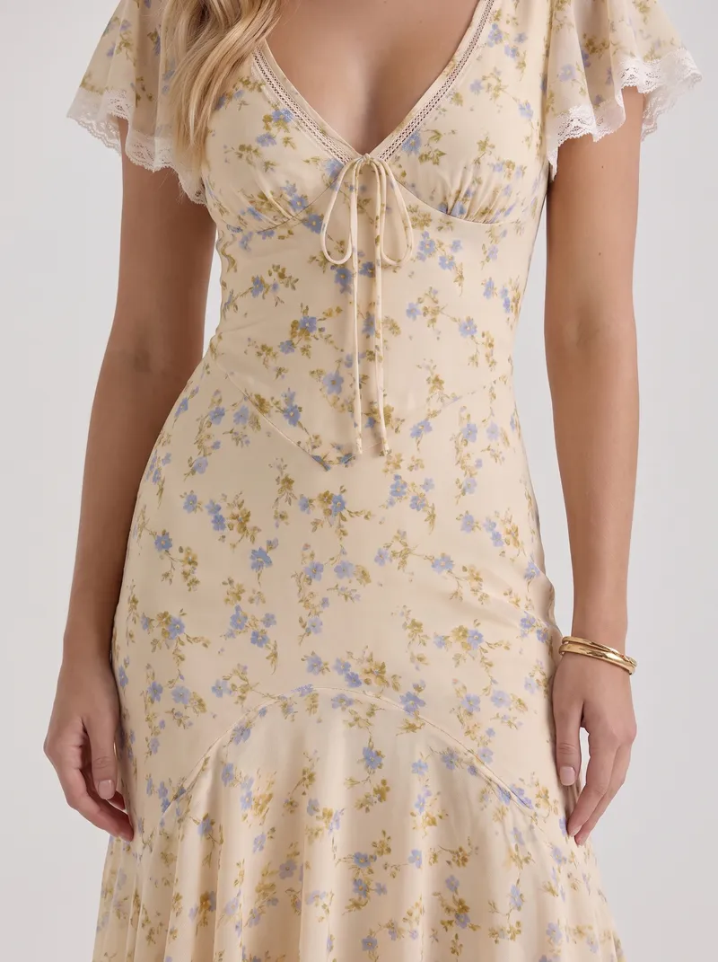 Amina Floral V Neck Maxi Dress - Buttercream Yellow