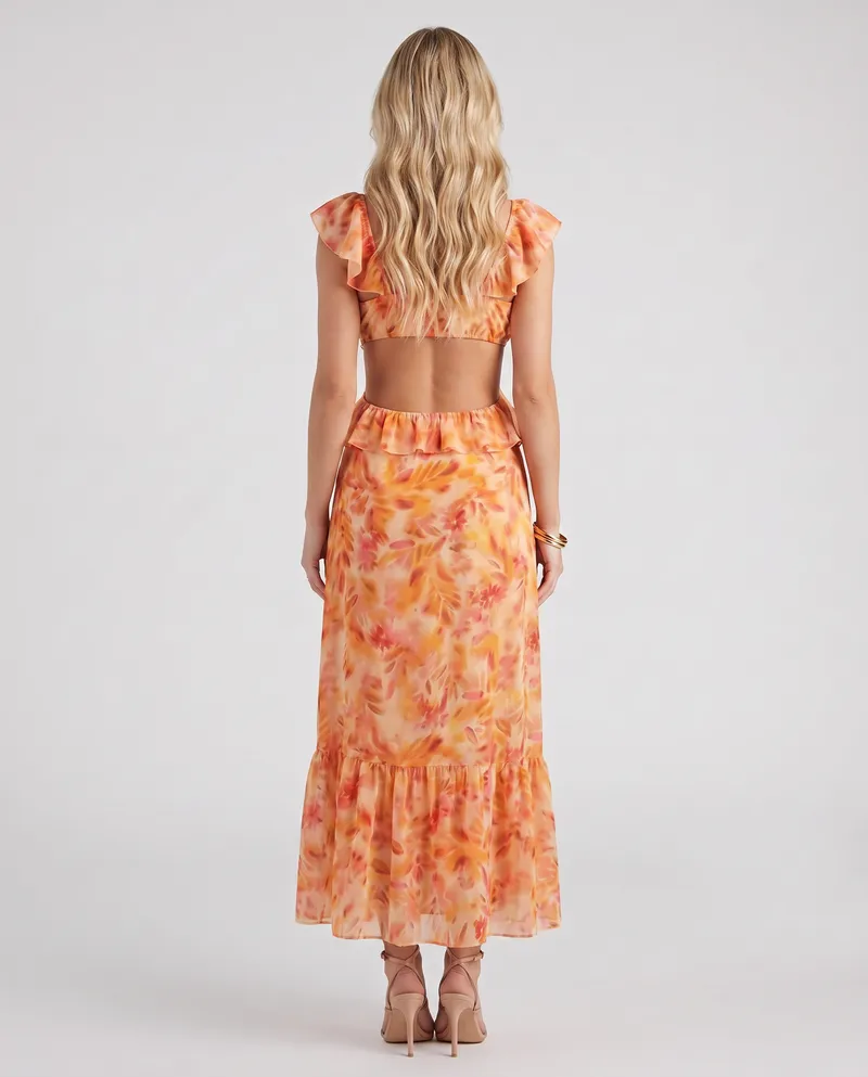Marisol V Neck Ruffle Floral Maxi Dress - Orange