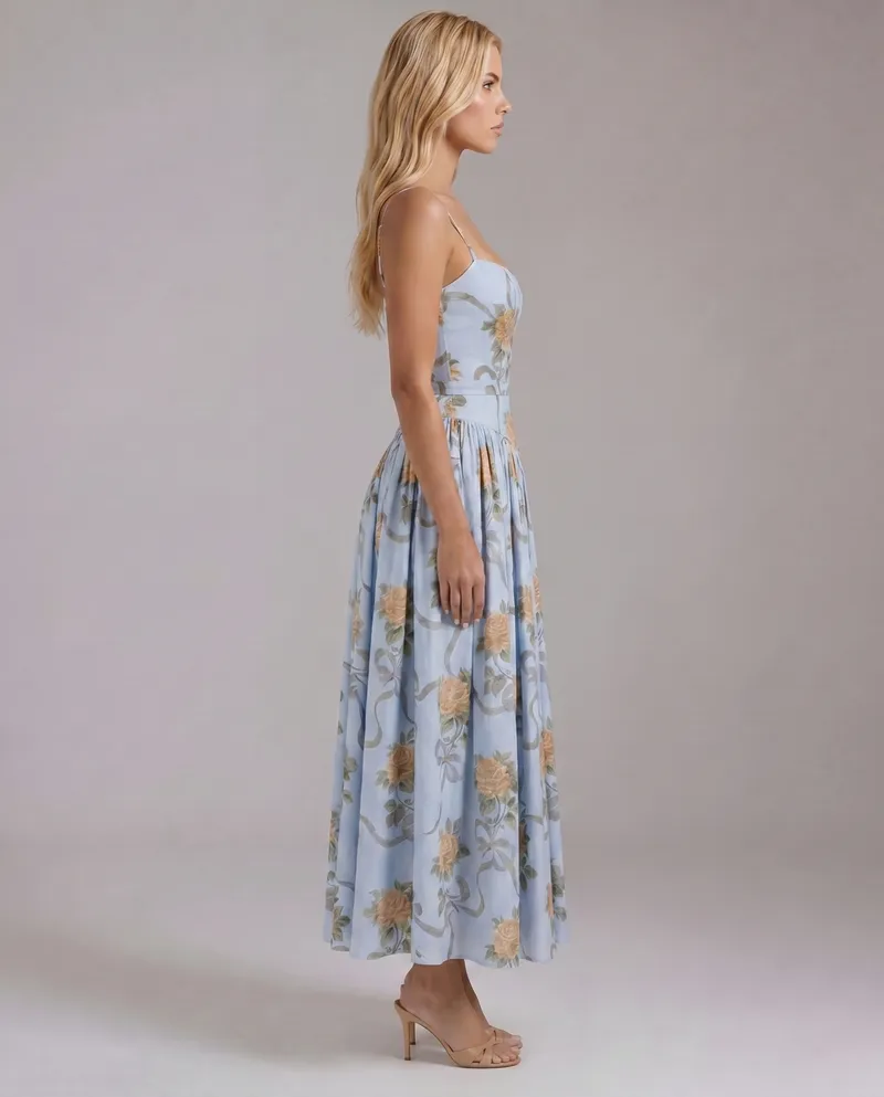 Cielle Floral Midi Dress - Vintage Blue