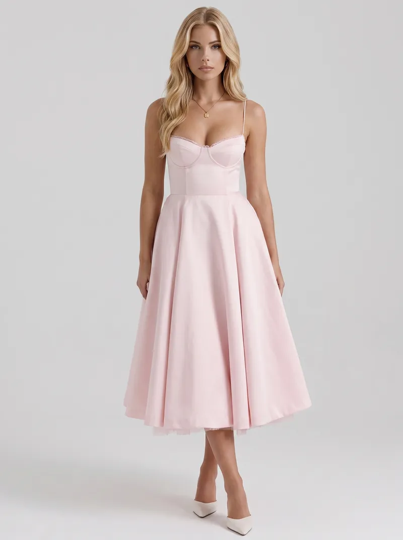 Estelle Sweetheart Corset Midi Dress - Pink