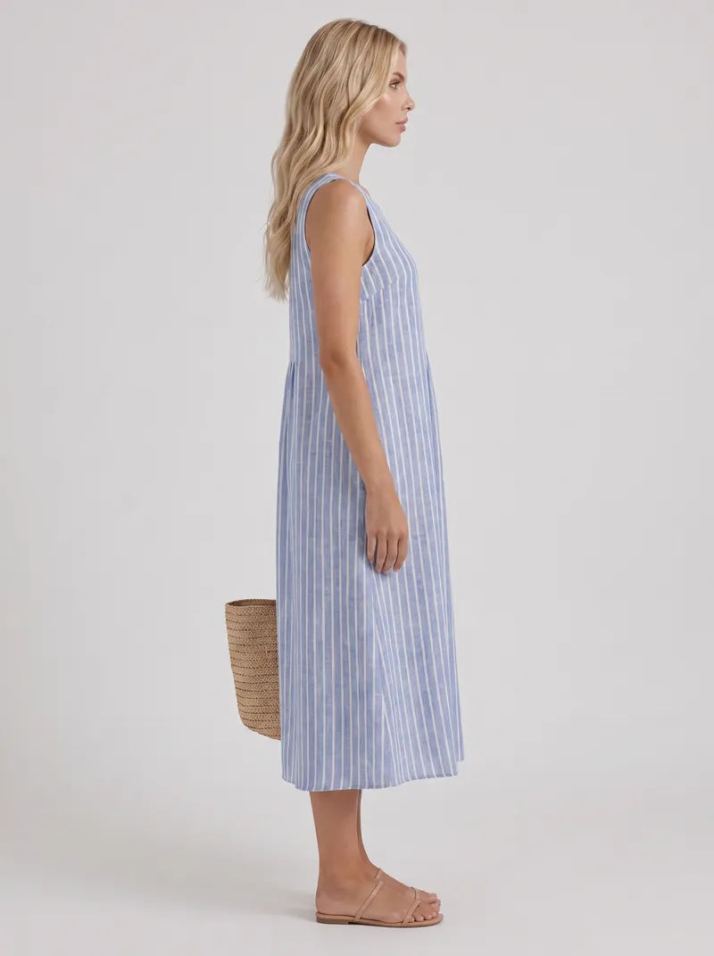 Elara Printed Midi Dress - Light Blue Stripe