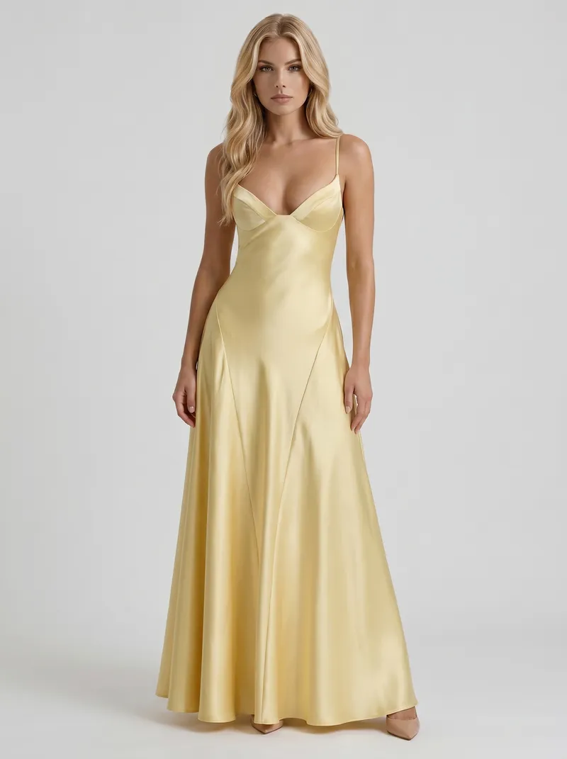 Adelaide V Neck Satin A Line Maxi Dress - Lemon