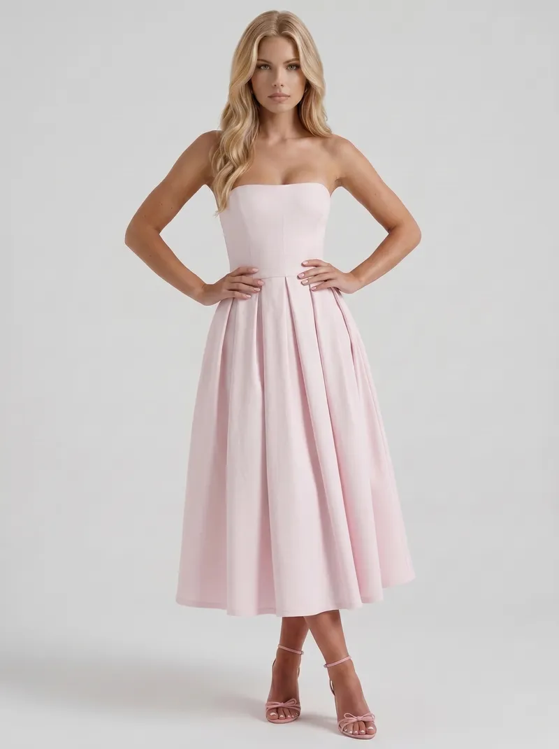 Audrey Strapless Pleated A Line Midi Dress - Blush