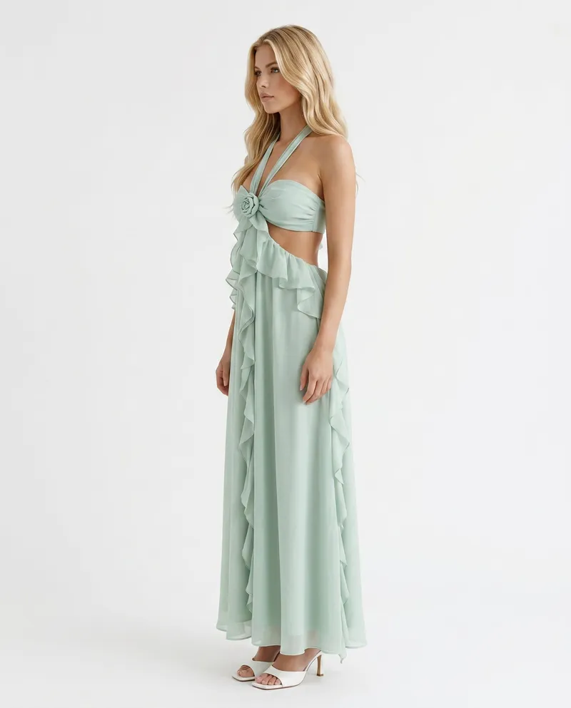 Roselyn Floral Ruffle Cutout Maxi Dress - Green