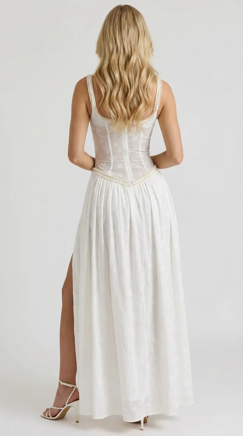 Amelia Lace Slit Maxi Dress - White