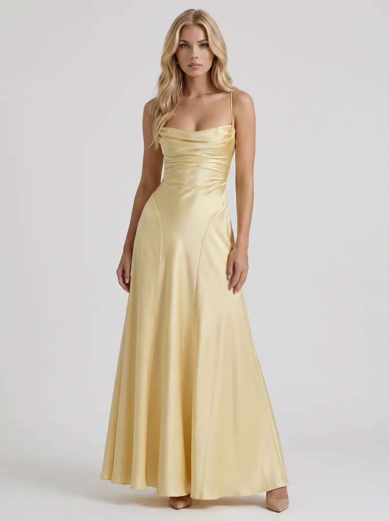 Eloise Cowl Neck Satin Maxi Dress - Lemon