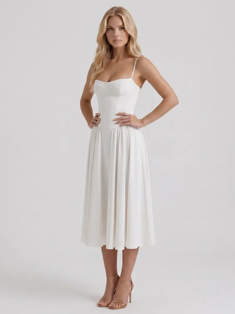 Francesca Sweetheart Ruched Midi Dress - White