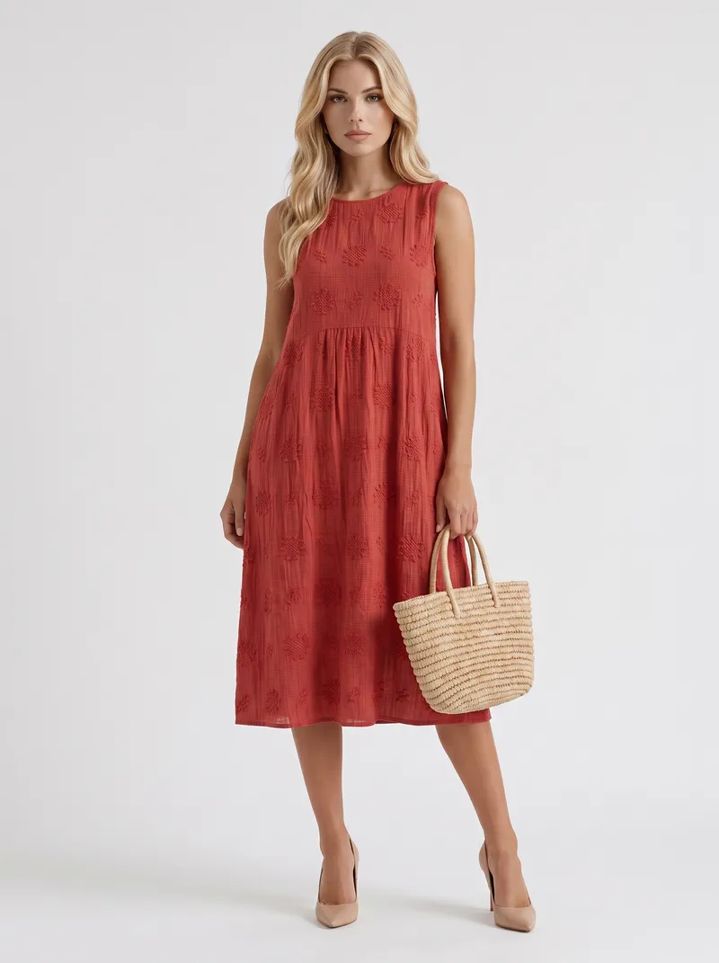 Elin Embroidered Midi Dress - Red