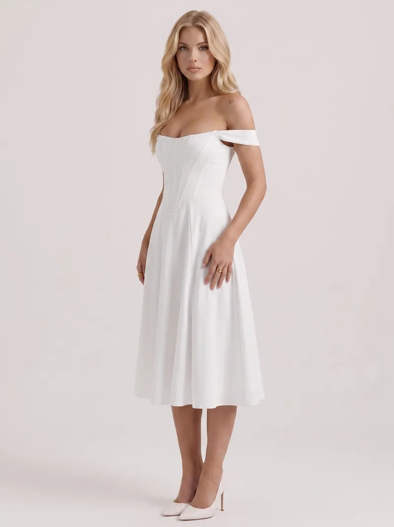 Astra Corset Midi Dress - White