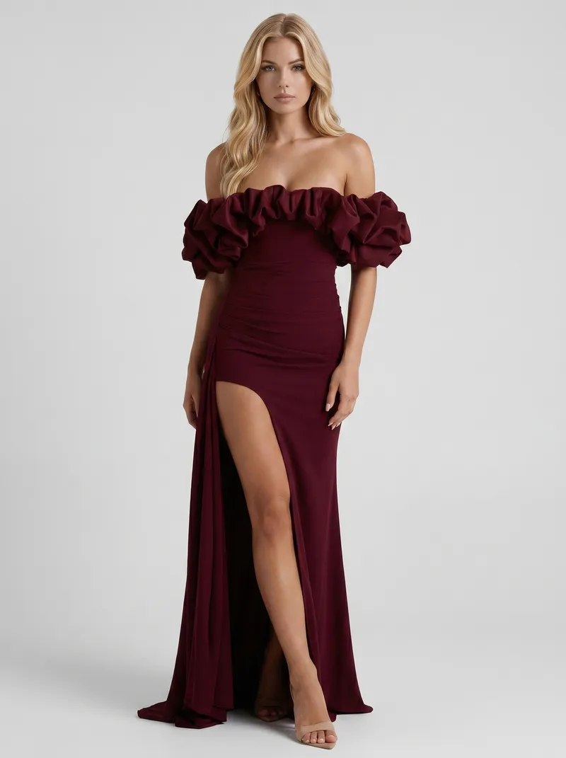 Mira Off Shoulder Ruffle Bardot Bodycon Maxi Dress - Cherry Red