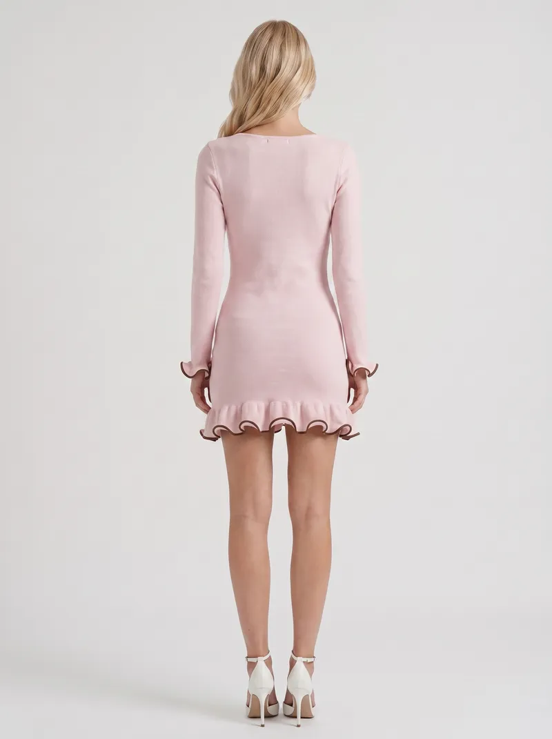Perla Long Sleeve Ribbed Knit Mini Dress - Pink