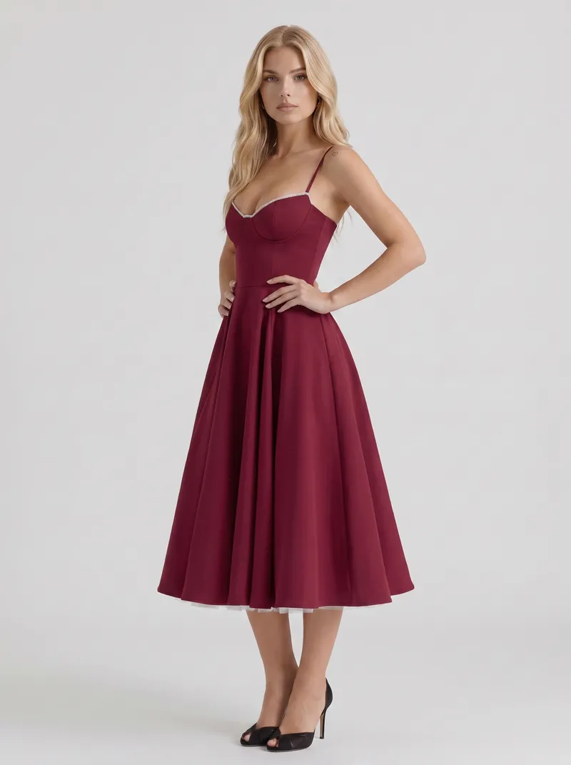 Estelle Sweetheart Corset Midi Dress - Burgundy