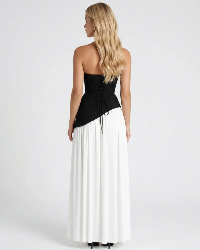 Genevieve Strapless Asymmetric Maxi Dress - Black & White