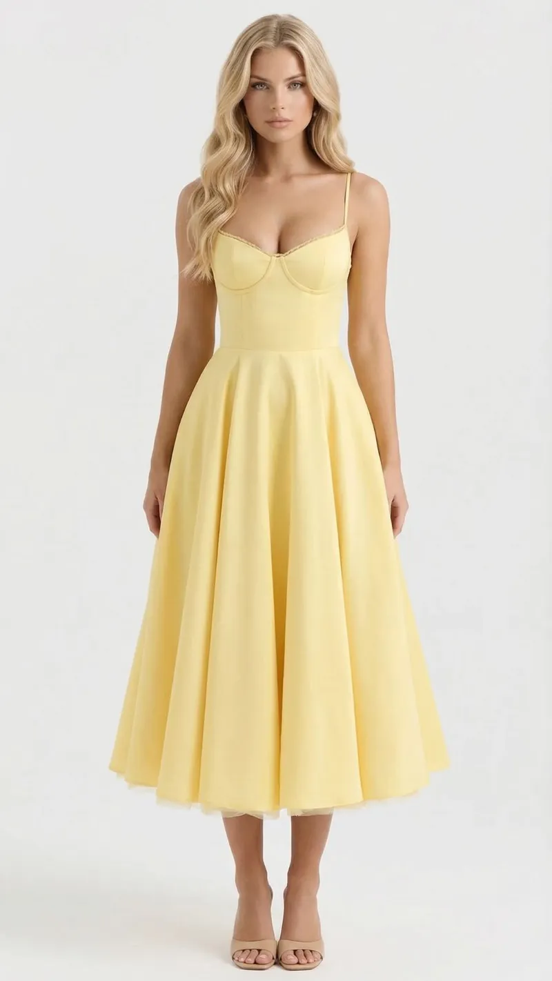 Selene Sweetheart Midi Dress - Yellow