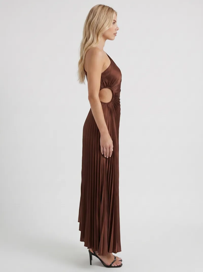 Opaline One Shoulder Sunray Pleated Maxi Dress - Chocolate