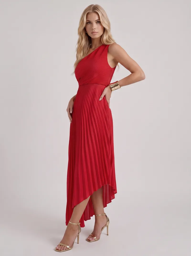 Opaline One Shoulder Sunray Pleated Maxi Dress - Red