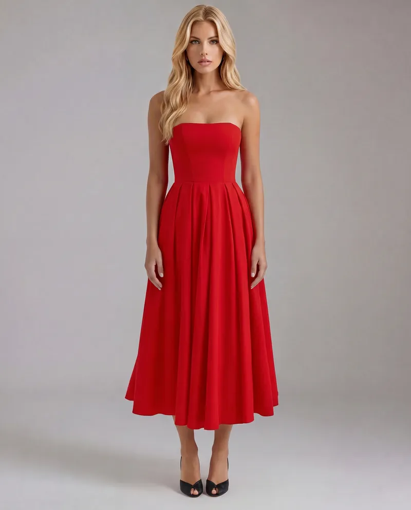 Juliana Strapless Midi Dress - Red