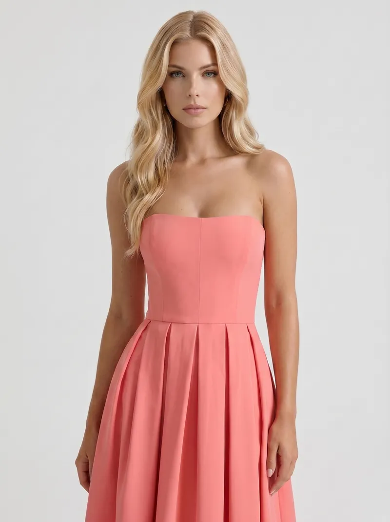 Audrey Strapless Pleated A Line Midi Dress - Coral Pink
