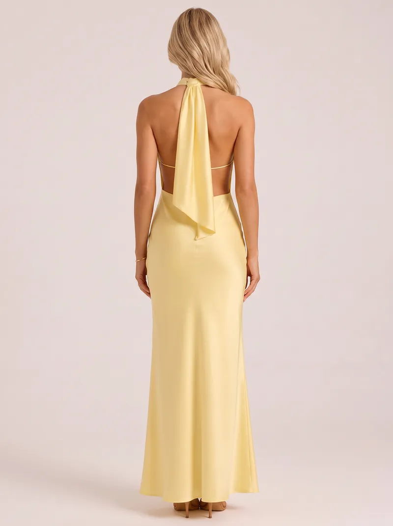 Rosanne Satin Maxi Dress - Lemon