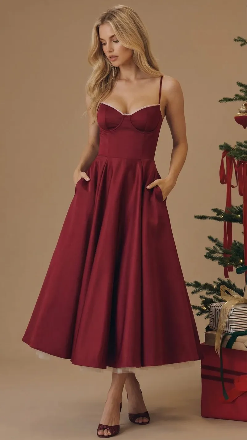 Selene Sweetheart Midi Dress - Burgundy