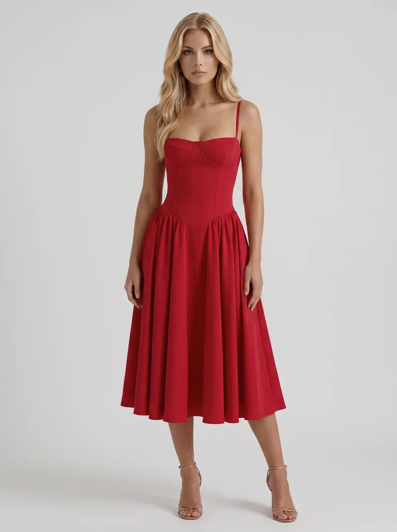 Francesca Sweetheart Ruched Midi Dress - Red