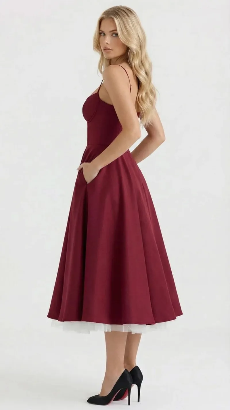 Selene Sweetheart Midi Dress - Burgundy