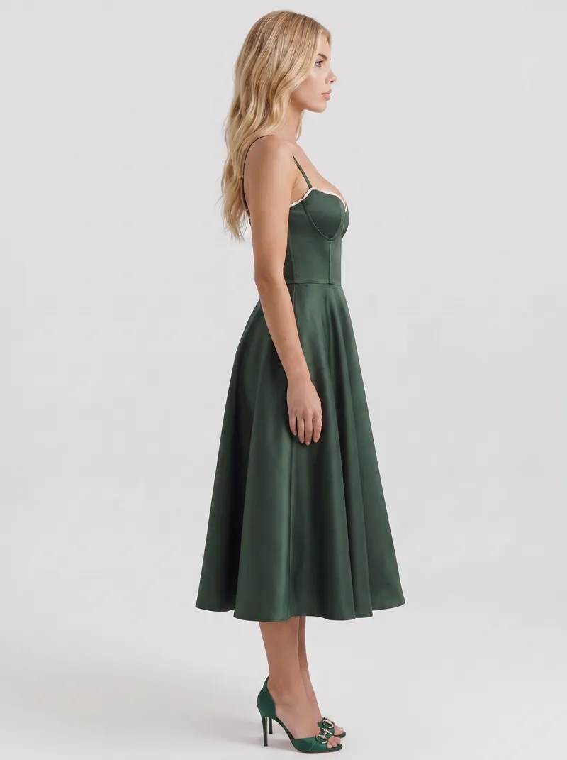 Estelle Sweetheart Corset Midi Dress - Forest Green
