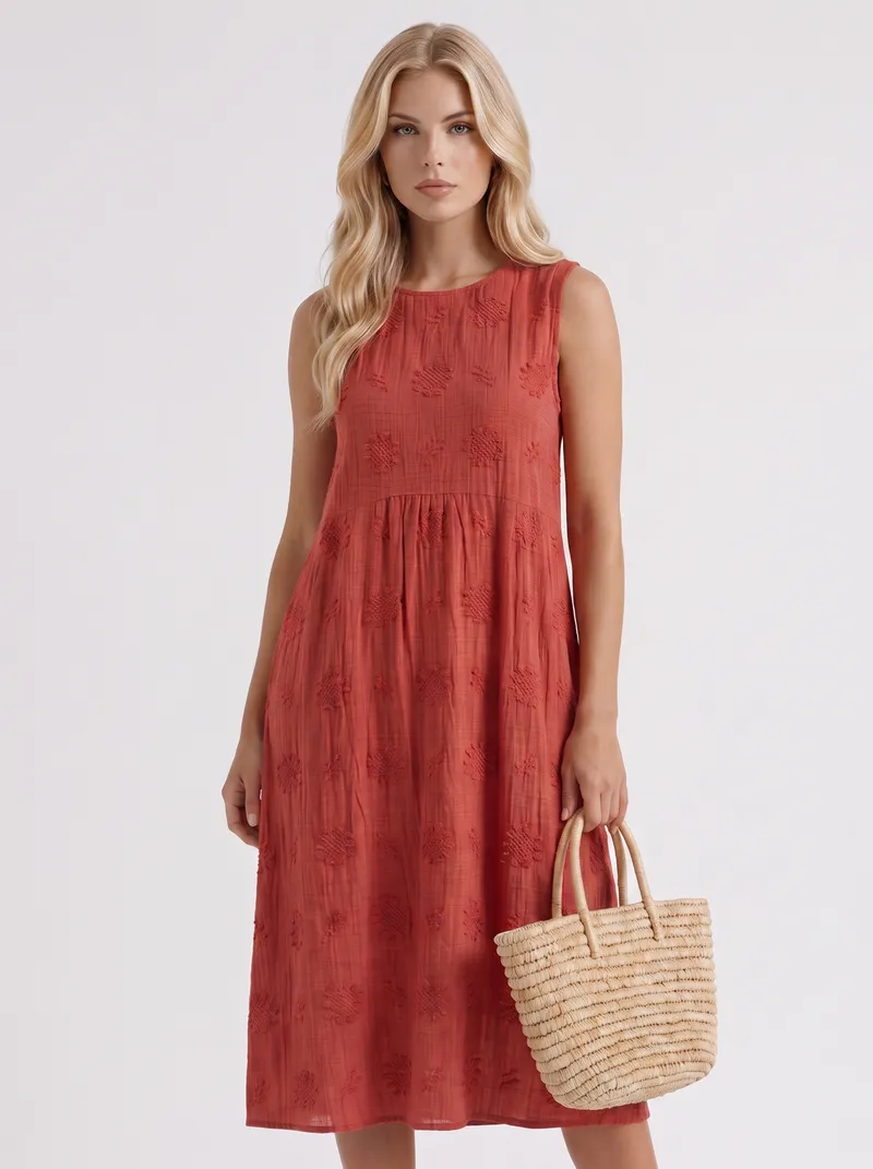 Elin Embroidered Midi Dress - Red