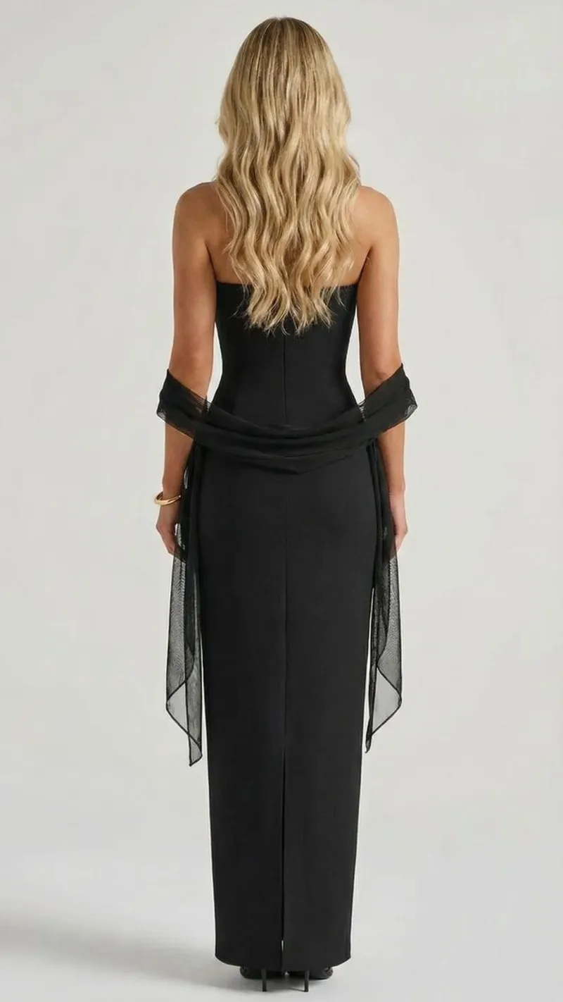 Francisca Bandage Mesh Sash Maxi Dress - Black