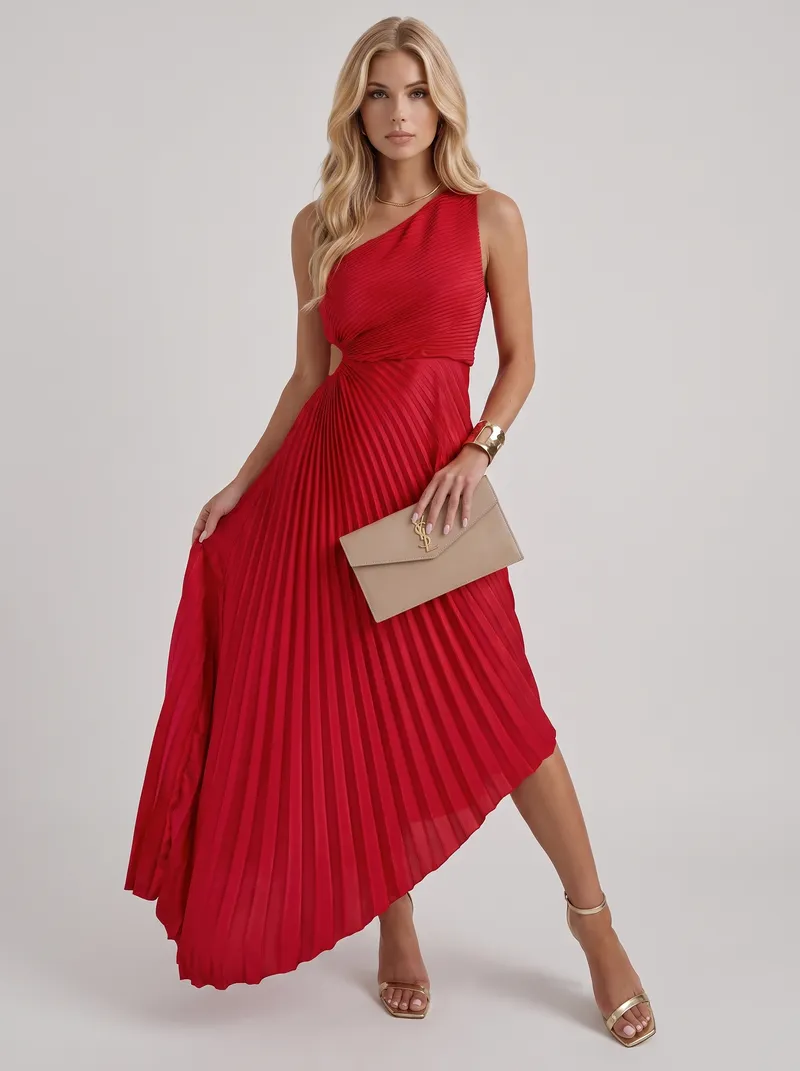 Opaline One Shoulder Sunray Pleated Maxi Dress - Red