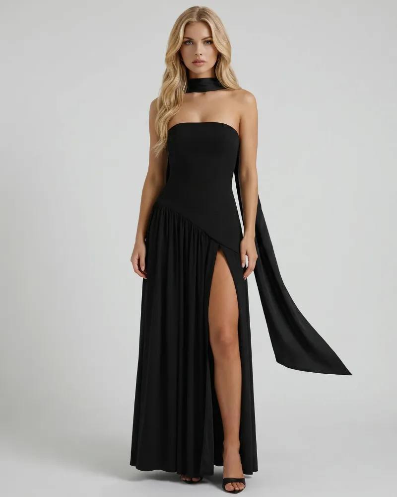 Genevieve Strapless Asymmetric Maxi Dress - Black