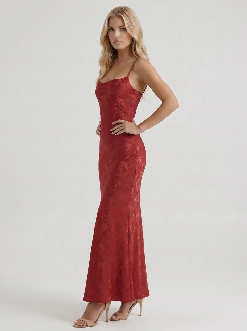 Aria Cowl Neck Textured Satin Bodycon Maxi Dress - Red