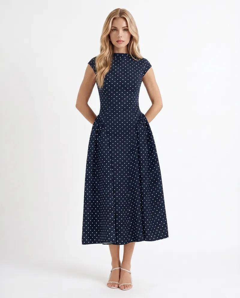 Greer Polka Dot Midi Dress - Navy