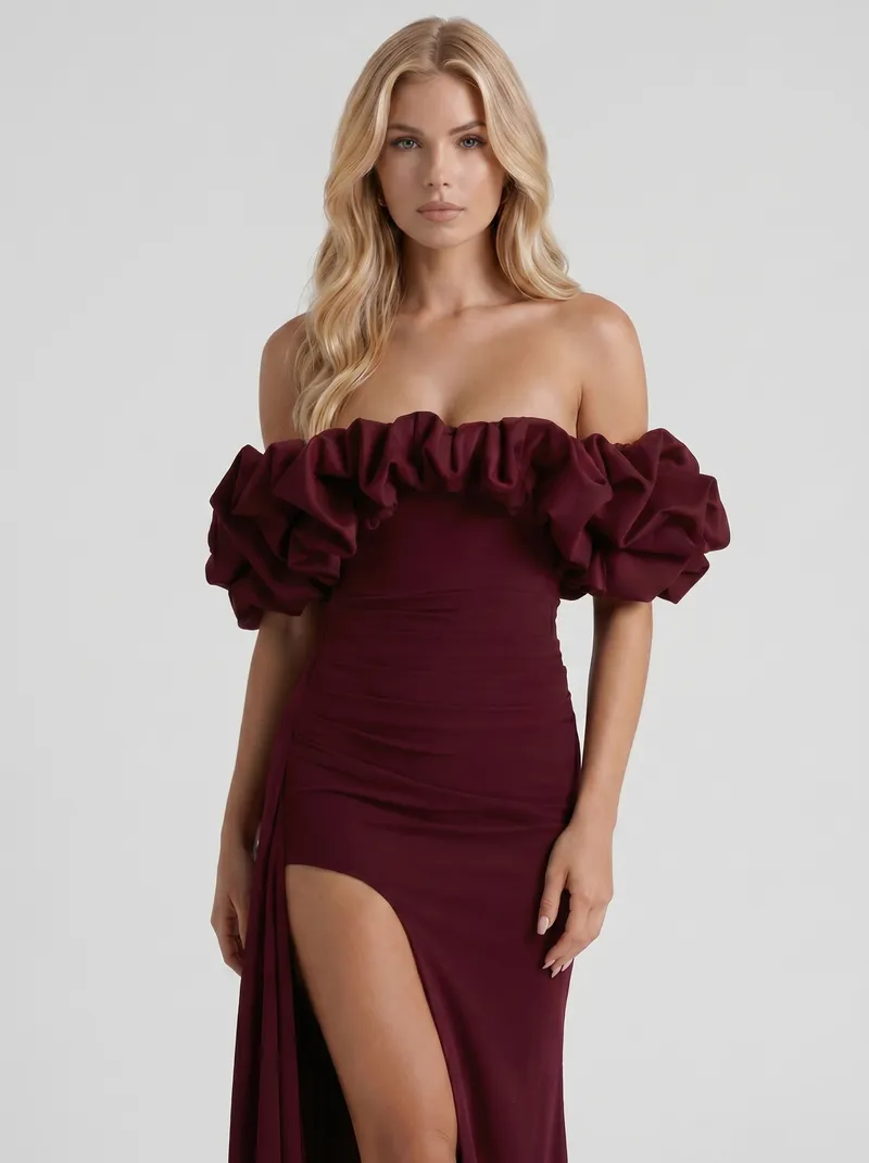 Mira Off Shoulder Ruffle Bardot Bodycon Maxi Dress - Cherry Red