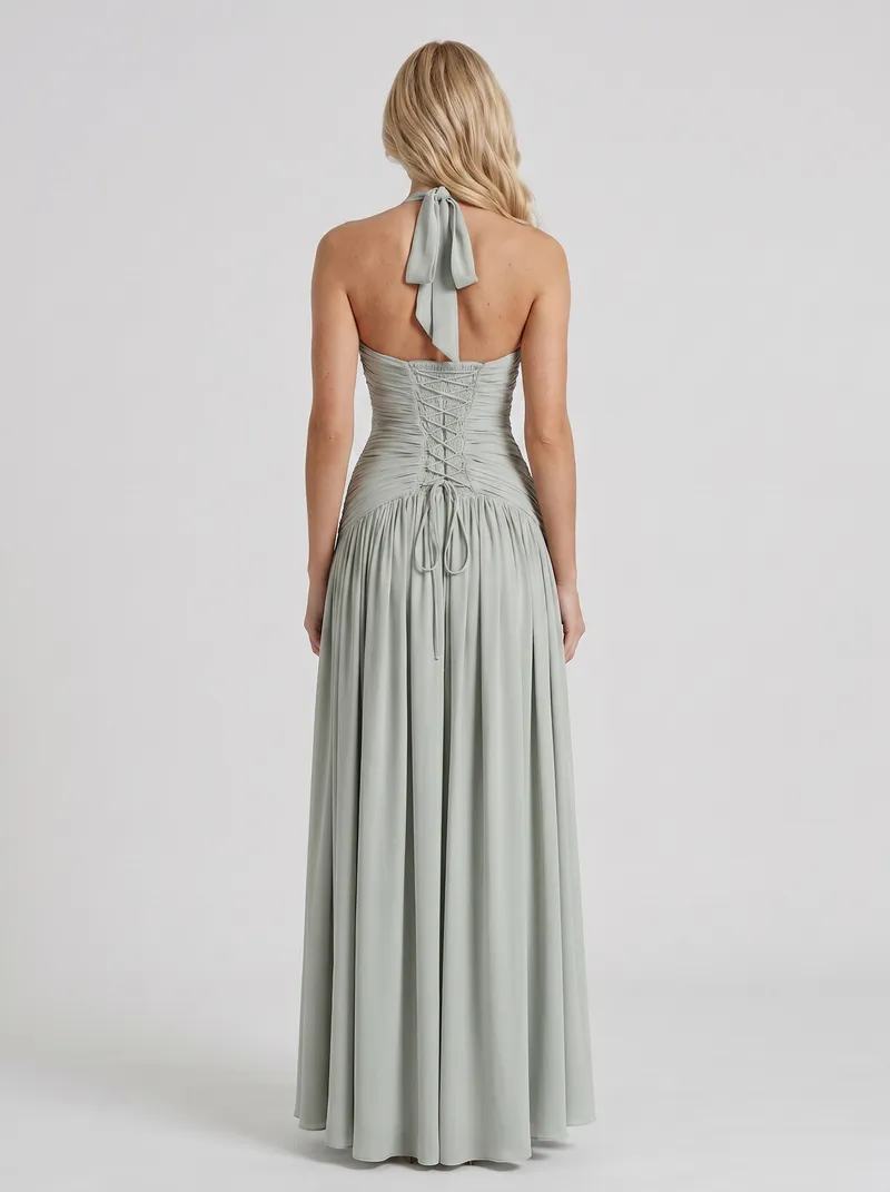 Vera Plunge V Halter Ruched Maxi Dress - Sage