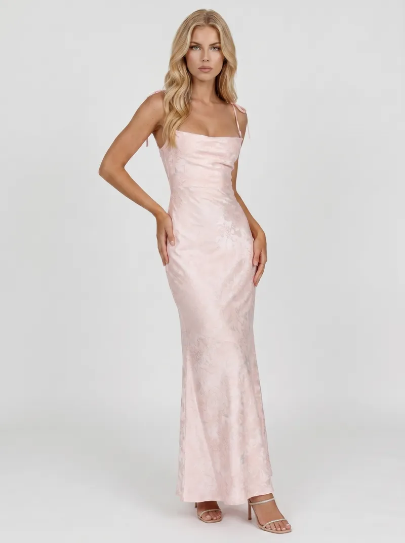 Aria Cowl Neck Textured Satin Bodycon Maxi Dress - Blush