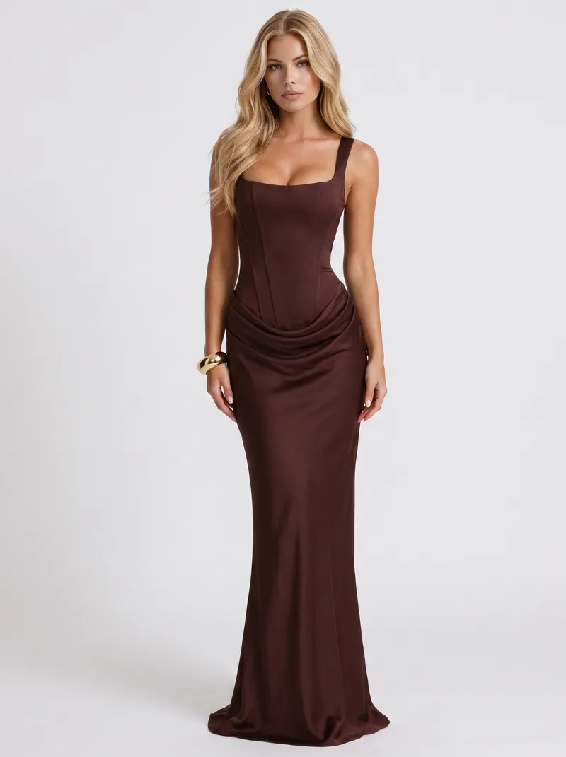 Octavia Corset Maxi Dress - Brown