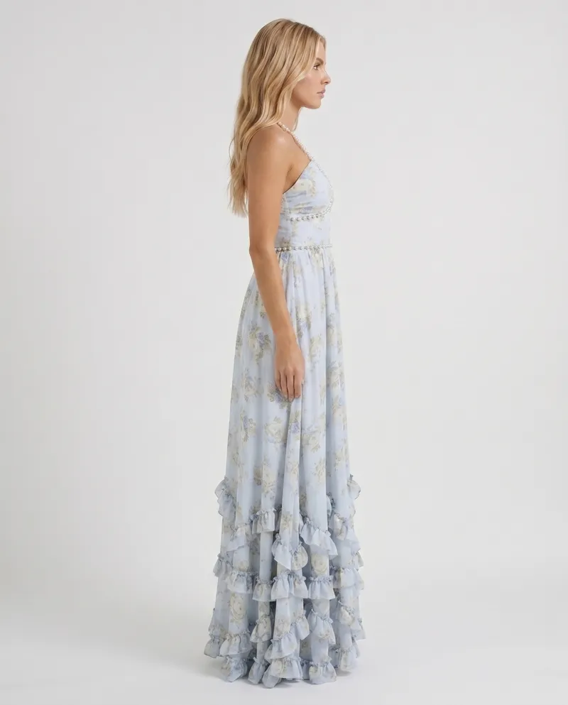 Bianca Ruffle Maxi Dress - Sky Blue