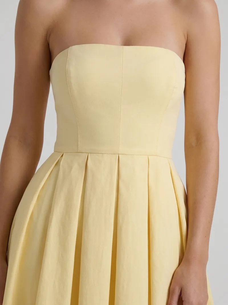 Audrey Strapless Pleated A Line Midi Dress - Lemon