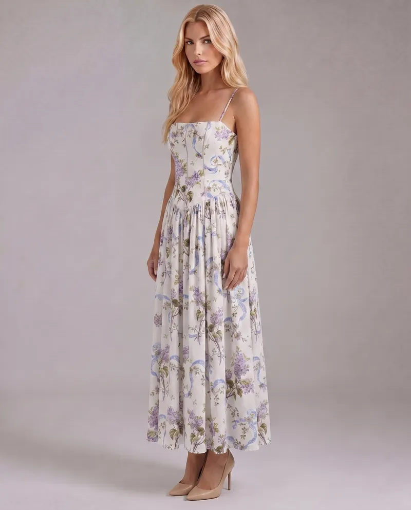 Cielle Floral Midi Dress - Lilac Garden