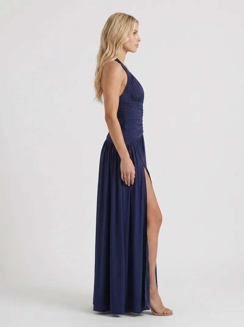Vera Plunge V Halter Ruched Maxi Dress - Navy