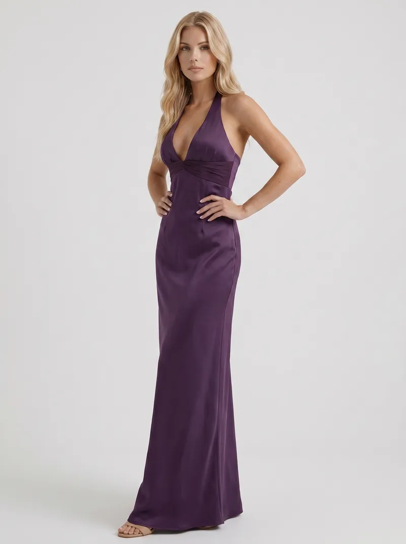 Saskia Halter V Plunge Satin Bodycon Maxi Dress - Purple