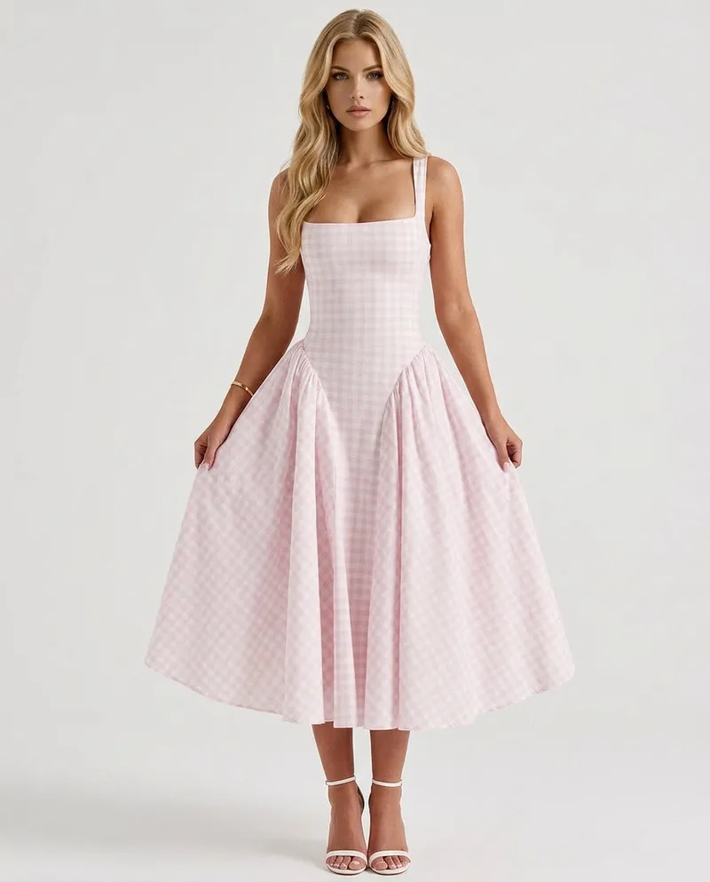 Sherrie Gingham Midi Dress - Blush