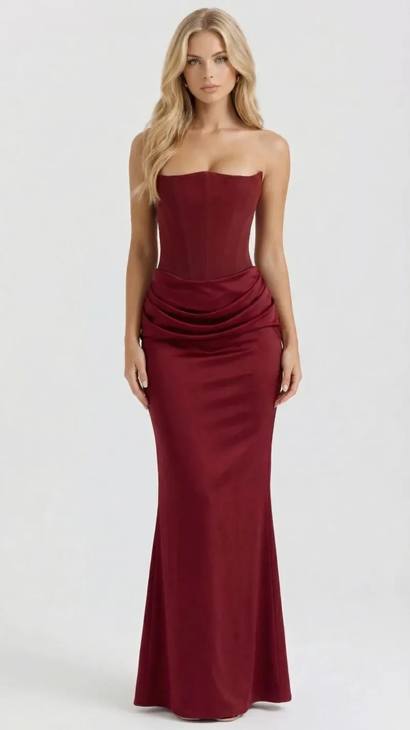 Scarlet Corset Strapless Maxi Dress - Burgundy