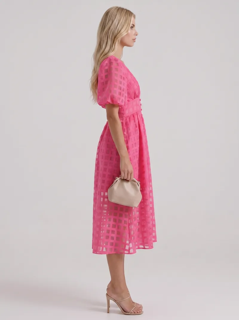 Colette Windowpane Midi Dress - Pink