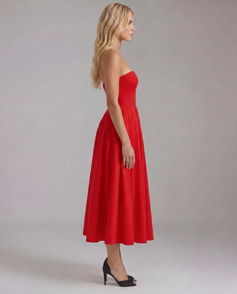 Juliana Strapless Midi Dress - Red