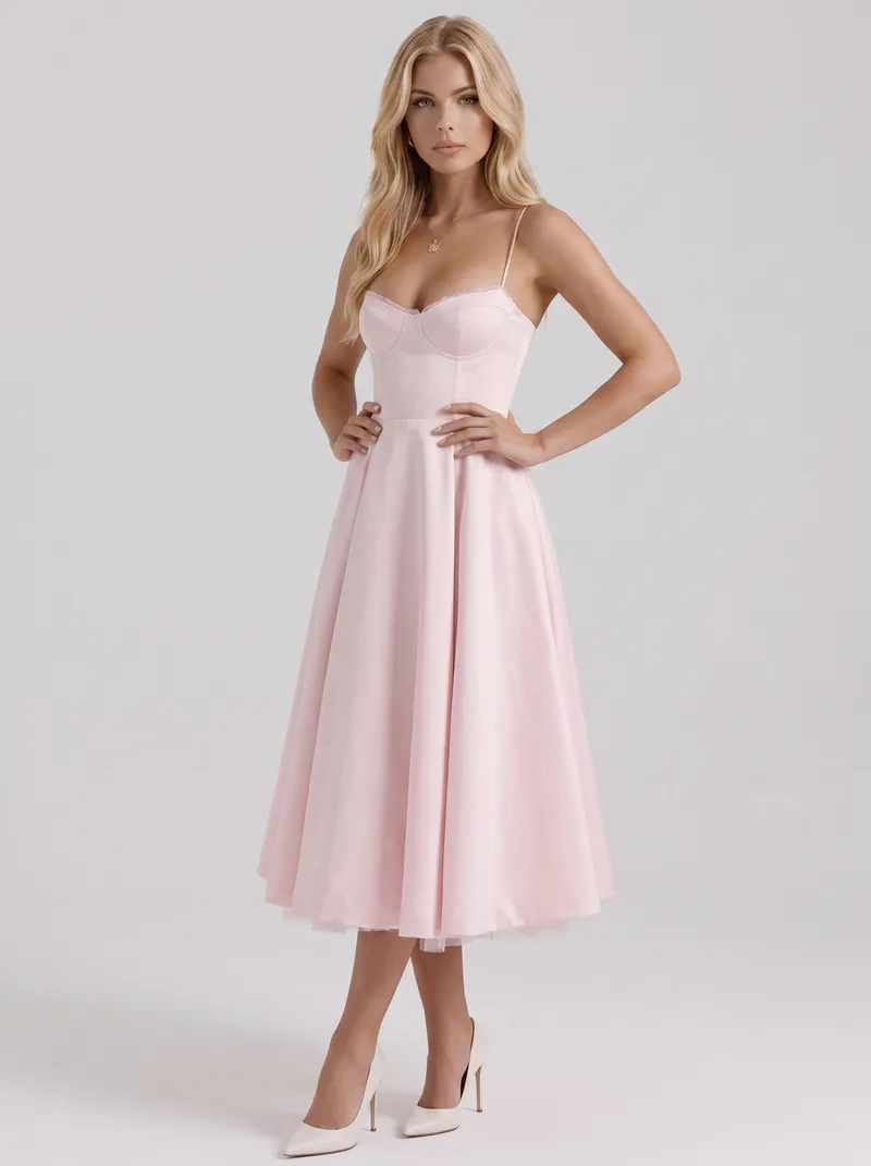 Estelle Sweetheart Corset Midi Dress - Pink