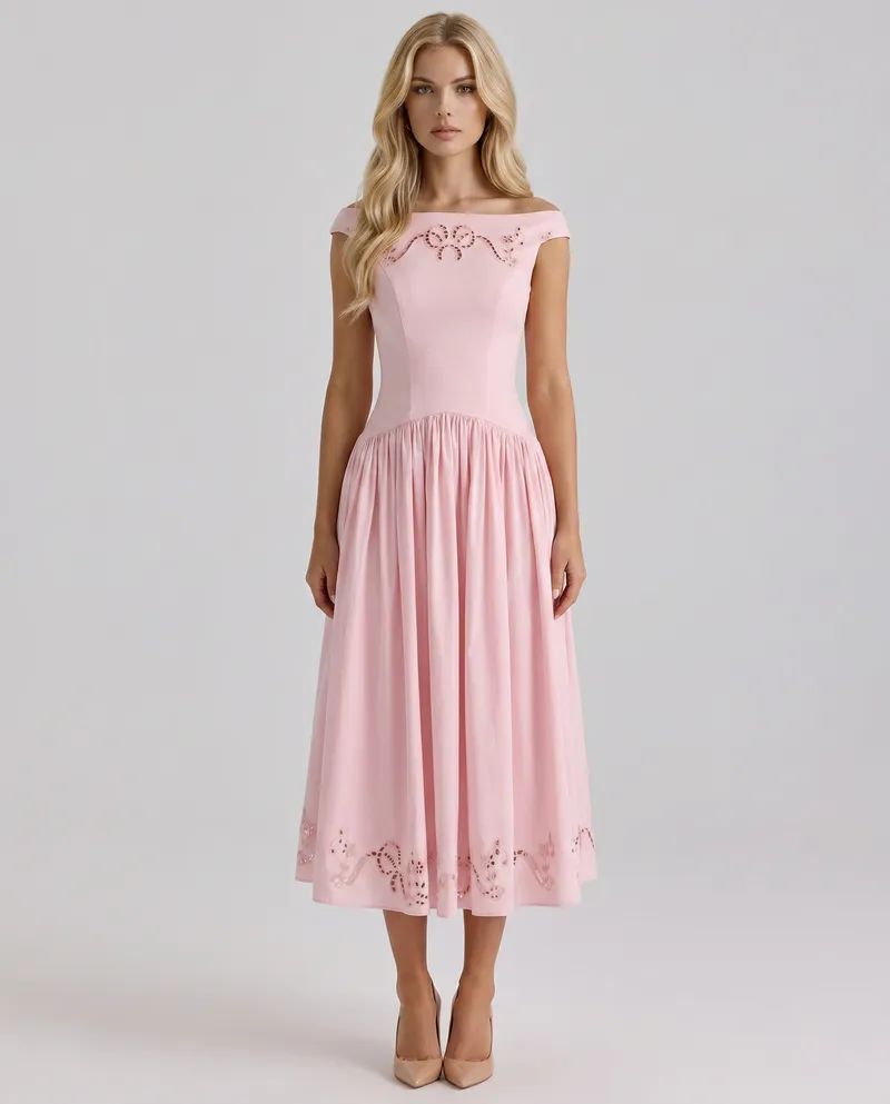 Delfina Boat Neck Eyelet Midi Dress - Pink
