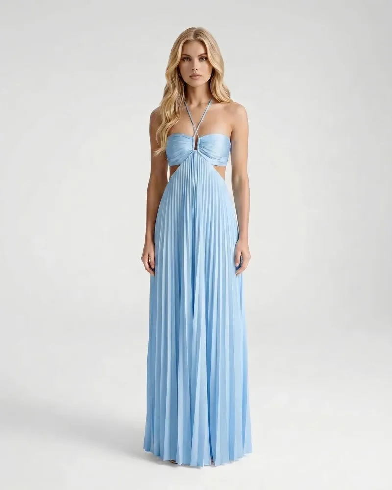 Aurora Pleated Cutout Maxi Dress - Light Blue