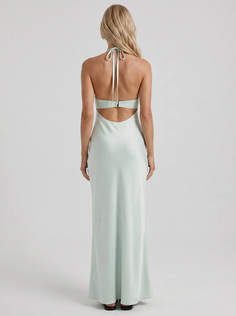 Saskia Halter V Plunge Satin Bodycon Maxi Dress - Mint Green